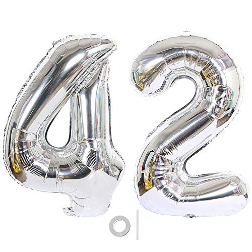 Ceqiny Globo de mylar 40 pulgadas con número 42 globo gigante globo papel aluminio para fiesta de cumpleaños boda despedida soltera compromiso decoración de aniversario, dígitos 42 globo Plata