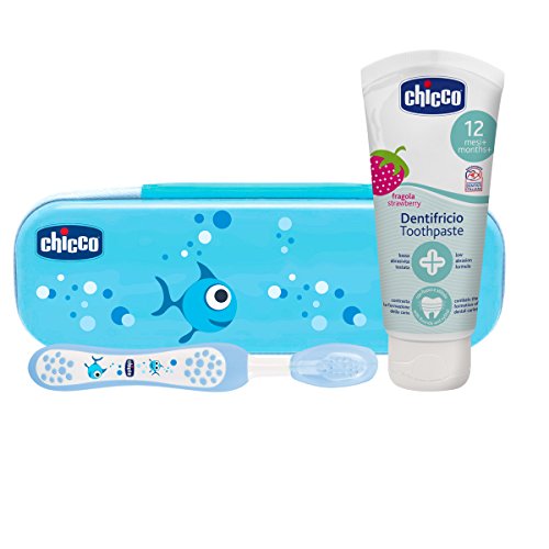 Chicco - Set dental Cepillo de dientes + Pasta Fresa con flúor 12+ m + Neceser Semi rígido, color Azul Chicco - Set dental Cepillo de dientes + Pasta Fresa con flúor 12+ m + Neceser Semi rígido, color Azul