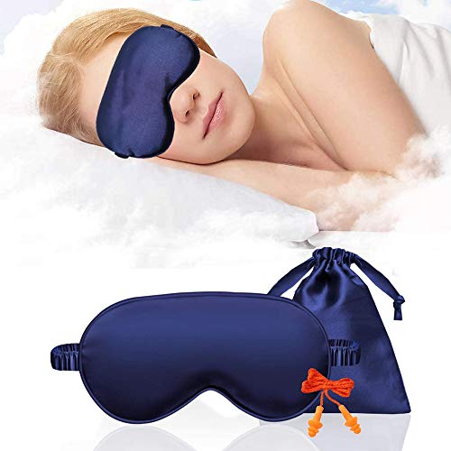Cmonami Máscara de ojos de seda para dormir, equipada con máscara para dormir, tapones de silicona para los oídos, bolsa de almacenamiento, tres accesorios para dormir toda la noche (Azul Real)