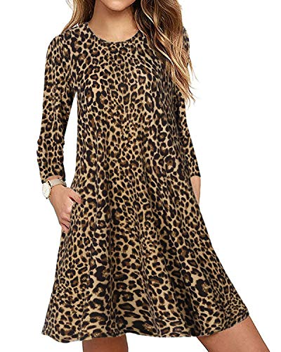 CNFIO Mujer Vestido Cuello Redondo Manga Larga Plus Tamaño Tops Moda Jersey Punto Mujer Invierno (Marrón-Leopardo, S)