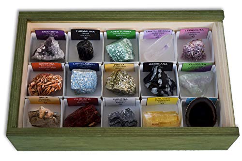 Colección de 15 Minerales de América en Caja de Madera Natural - Minerales Reales educativos con Etiqueta informativa a Color. Kit de Ciencia de Geología para niños.