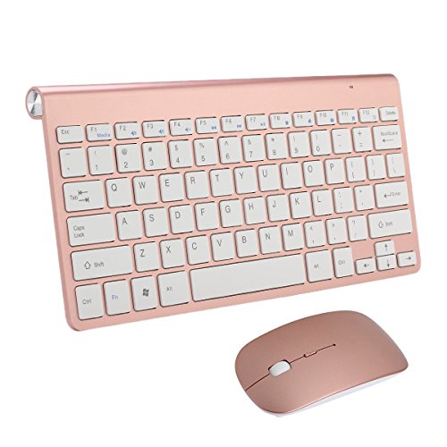 Combinación de Teclado y Ratón Inalámbricos,KINGCOO Ultra-thin Mini 2.4G Wireless Packs de teclado y Ratón Desktop Ajustable 800/1200/1600 DPI Silent Mouse Combo Para PC portátil Windows (Oro Rosa)