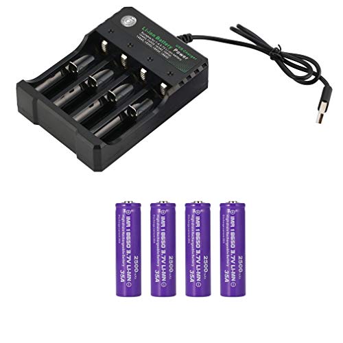 Courage Ouyang Batería Recargable Duradera de Iones de Litio 18650 3.7 V 2500 mAh + Cargador 18650. 4 baterías + 1 Cargador. Púrpura Courage Ouyang Batería Recargable Duradera de Iones de Litio 18650 3.7 V 2500 mAh + Cargador 18650. 4 baterías + 1 Cargador. Púrpura