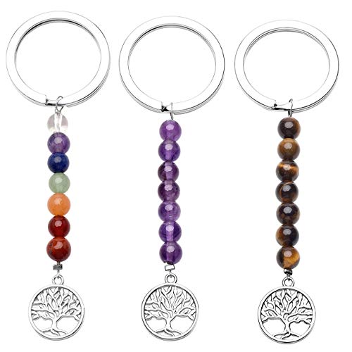 CrystalTears - Juego de 3 llaveros para mujer con forma de árbol de la vida, con 7 piedras naturales de aleación de plata, regalo para amigos Sette Colori+ametista+occhio Di Tigre