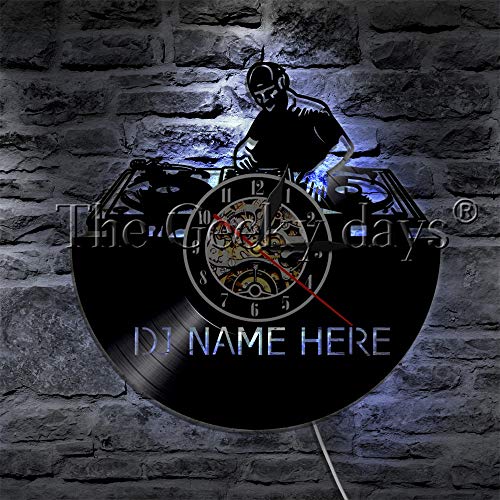 CVG 1 Pieza DJ Name Here Vinyl Record Reloj de Pared Personalizar Nombre Club Party Music LED Night Light Lámpara de Mesa Rock N Roll para DJ Gift