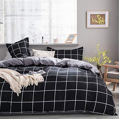 Damier - Juego de ropa de cama a cuadros (220 x 240 cm, microfibra, diseño de cuadros y cuadros, incluye 2 fundas de almohada de 80 x 80 cm), color negro y gris