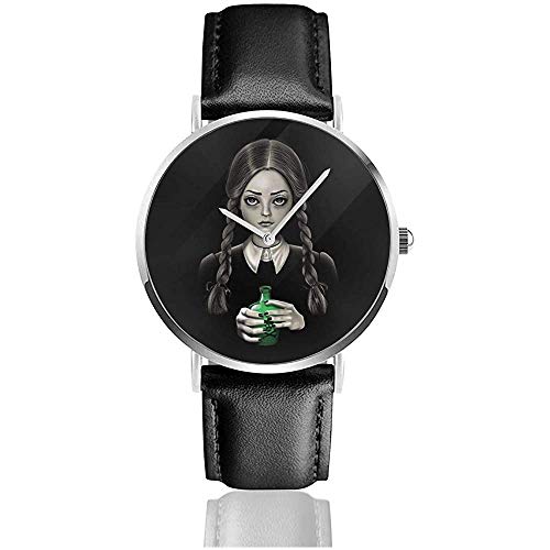 Death Bores Me Wednesday Addams Family Watches Reloj de Cuero de Cuarzo con Correa de Cuero Negra para Regalo de colección