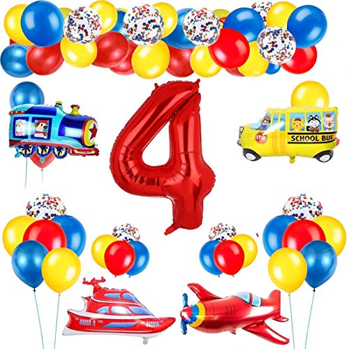Decoración de globos de cumpleaños de tráfico para niños, globo de número rojo gigante [4], tema de tráfico, decoración de globos de feliz cumpleaños, avión, tren, autobús, yate