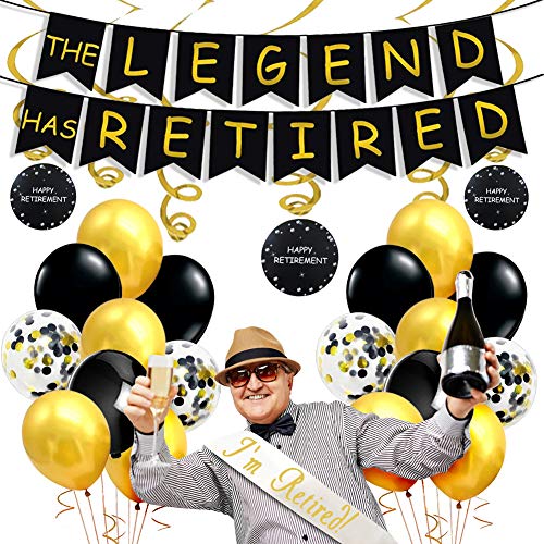 Decoraciones para fiestas jubilación en negro y dorado, The Legend ha retirado pancarta, decoraciones colgantes en forma de remolino, estoy retirado Satin Sash Suministros de jubilación para hombres Decoraciones para fiestas jubilación en negro y dorado, The Legend ha retirado pancarta, decoraciones colgantes en forma de remolino, estoy retirado Satin Sash Suministros de jubilación para hombres