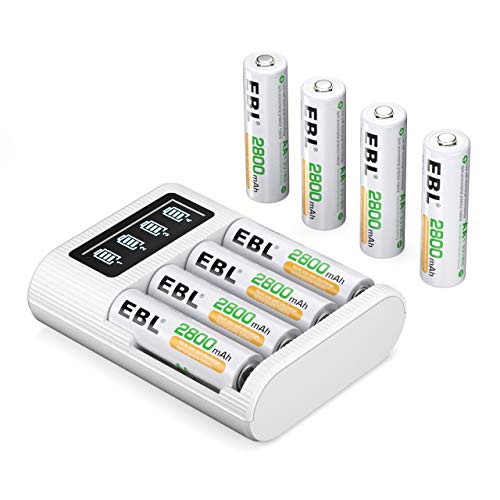 EBL LCD Cargador Pilas con 8 * 2800mAh Pilas Recargables AA Ni-MH, Pack de Pilas Alta Capacidad, Puerto Micro USB/Tipo & Carga Rápida