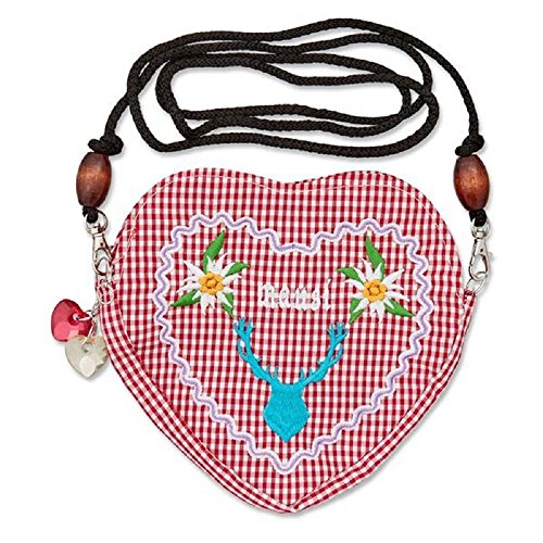 Edelweiss - Bolsa para traje regional tirolés con forma de corazón y cordón largo extraíble Mausi cabeza de ciervo rojo