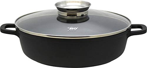 ELO Cacerola de cocina inducción redonda baja de aluminio fundido, 28cm. ALUCAST, con fondo encapsulado y tapadera de cristal, color negro, transparente y plateado, Ø28x8,5cm,1ud.