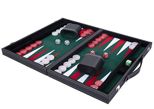 Engelhart - Backgammon de Lujo 38 cm Piel Simili, Incrustaciones Especiales de Fieltro - Dados y fichas nacaradas + 2 Tazas - Pro. y Ocio (Verde)