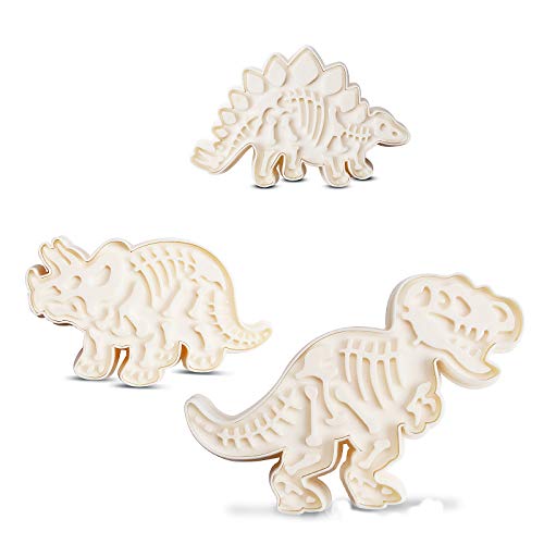 ewinever Jurassic - Moldes para galletas (3 dinosaurios, fósiles, PVC, Stegosaurus, tirannosaurus Rex Triceratops, 6 unidades)