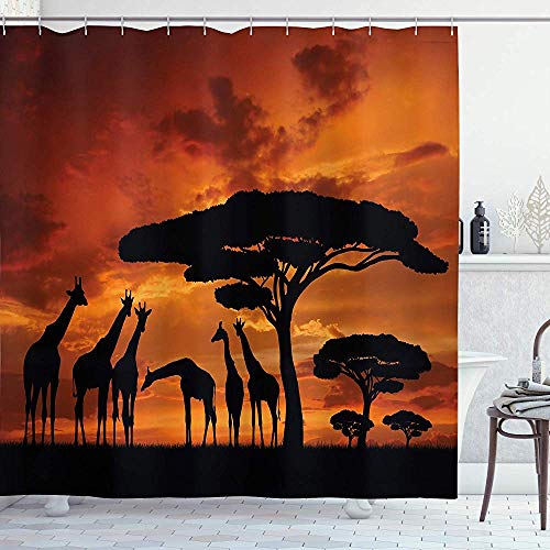 FANCYDAY Cortina de Ducha de decoración de Vida Silvestre, Safari con Equipo de Jirafa con árbol al Amanecer en Kenia, Naranja Negro