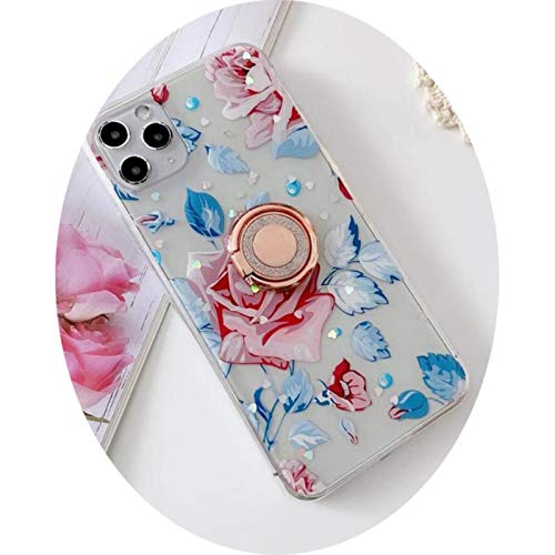 Fashion Rose Flower 3D Diamond Ring Bracket Love Heart Silicone Soft Cover for iPhone 12 11Pro MAX XS XR SE2 7 8plus Phone Case,with Ring,for iPhone 11