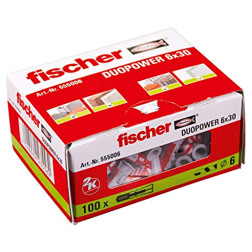 Fischer 555006 taco de nylon, Gris/Rojo, 6x30, Set de 100 Piezas