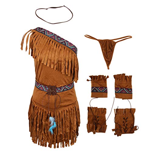freneci Conjunto de Disfraz Indio de Borla étnica para Mujer de 6 Piezas, Disfraz de Cosplay - Caqui, SG