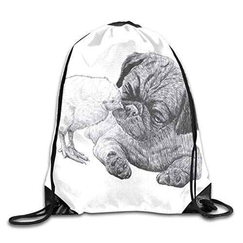 Fuliya Drawstring Backpack Bag for Men Women，Picture Of A Pug And Little Chick Drawn By Hand Love Affection Between Animals，Great for Yoga, Travel, Hiking, Beach Bags