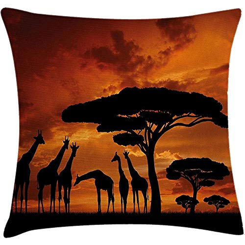 Funda de cojín Africa Throw Pillow, Safari Animal con equipo de jirafa con árbol de Majestics al amanecer en Kenia, Funda decorativa de almohada decorativa cuadrada, 18 'X 18', Naranja Negro