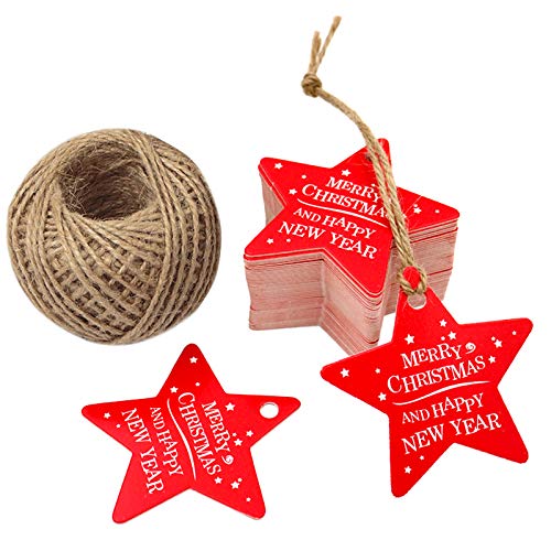 G2PLUS 100PCS Etiquetas de Regalo Kraft Etiquetas Etiqueta de Navidad con Forma de Estrella de Cinco Puntas 6 cm * 6 cm Etiquetas con 30M de Cordel de Yute Rojo