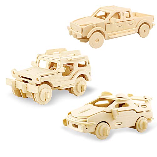Georgie Porgy Rompecabezas de Madera 3D Puzzle de Modelo Colección de de Animales Juguete de Construcción Kit Kids Jigsaw Toy Edad 5+ (3 Piezas) (Camioneta Jeep Ferrari)