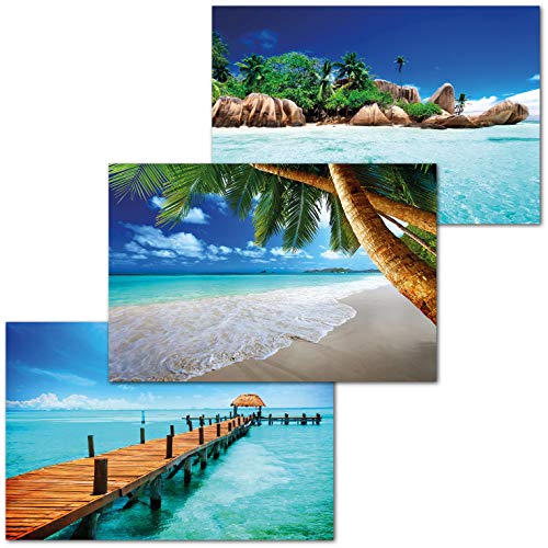 GREAT ART Juego de 3 Carteles XXL – Lugares de Vacaciones de ensueño – Palmeras Playa Seychelles embarcadero mar océano Motivo decoración de Pared murales Cada uno de 140 x 100 cm