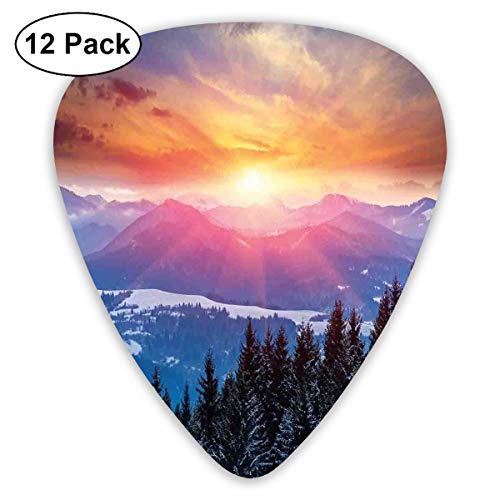Guitar Picks12pcs Plectrum (0.46mm-0.96mm), Sunset In Mountains With Hazy Sky With Magical Dawn Horizon Theme,For Your Guitar or Ukulele
