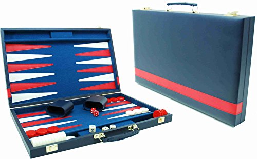 H O T Games - Maletín de backgammon (piel sintética, 46 x 30 cm), color azul, blanco y rojo