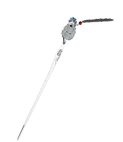 HangErFeng Hair Stick Hairpin Uniquely Hand-Made 925 Silver Chinese Elements Hetian Jade Lotus Tassels Gift Packaging (Silver)