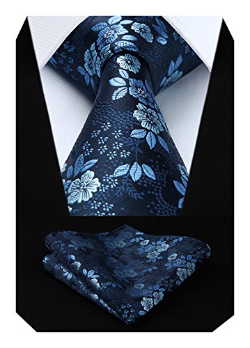 HISDERN Extra largo Floral Paisley lazo del panuelo Hombres Corbata & Plaza de bolsillo Conjunto azul