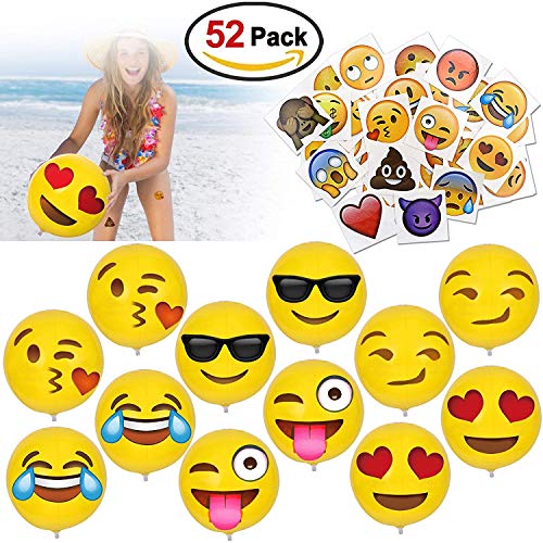 HOWAF 12 "Emoji Pelota Hinchable Pelotas de Playa Playa Piscina Juguete y Emoji Tatuajes temporales Pegatina para Adultos Niños Niñas Infantiles Cumpleaños Regalo Bolsas Relleno Piñata, 52 Pieza