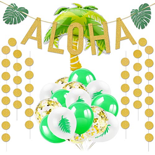 HOWAF Decoración Fiesta Hawaiana, Tropical Artículos para Fiestas en la Playa con Aloha Decoracion Banner Puntos di Guirnalda y Hawaianos Globos de Látex para Luau Fiesta Selva Decoraciones