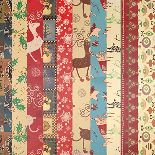 HOWAF Papel Kraft para Envolver Navidad, 10 Hojas de Papel para Envolver Regalos, 10 diseños Surtido, Navidad Papel para Regalo de Fiesta navideña, 74 cm x 51 cm