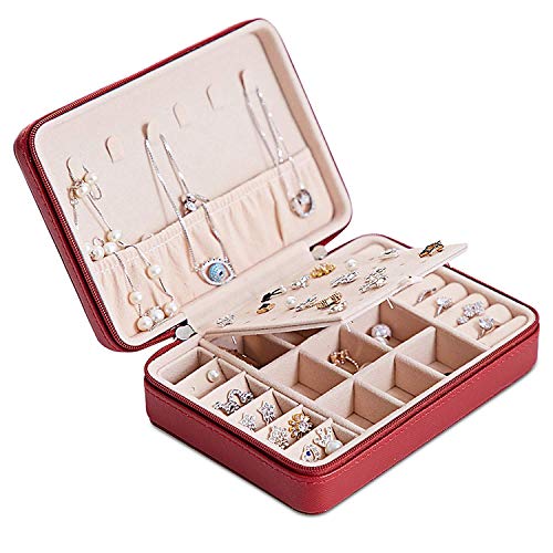 Joyero Pequeña, Caja Joyero para Mujer, Caja de Joyas de Cuero, Joyero portátil de Viaje para Mujer, Jewelry Organizer para anillos, pendientes, collares, pulseras (vino tinto)