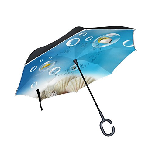 jstel doble capa puede azul playa conchas Ocean Blister paraguas coches Reverse resistente al viento lluvia paraguas para coche al aire libre con asa en forma de C