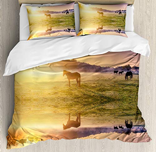 Juego de Funda nórdica Nature, Horse Valley en el Sur con un Reflejo del Lago y un Sol Que se eleva sobre Las montañas, Juego de Cama Decorativo de 3 Piezas con 2 Fundas de Almohada, Amarillo pálido Juego de Funda nórdica Nature, Horse Valley en el Sur con un Reflejo del Lago y un Sol Que se eleva sobre Las montañas, Juego de Cama Decorativo de 3 Piezas con 2 Fundas de Almohada, Amarillo pálido