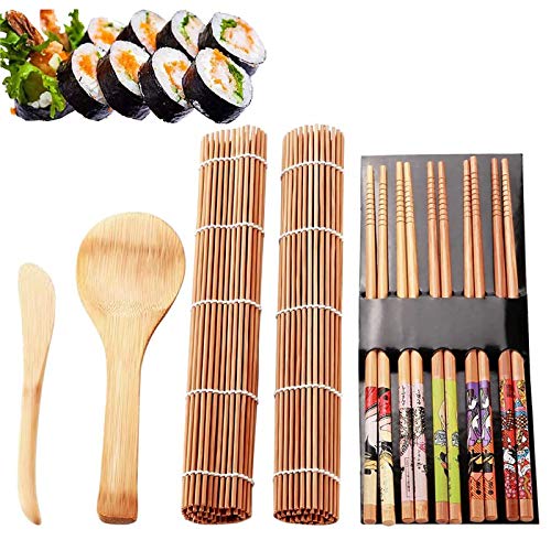 Kit De Sushi 9 Piezas sushi maker Kit De FabricacióN De Sushi De Bambú sushi set Alfombrilla De Bambú Para Sushi 2 Alfombrillas De Bambú Para Rodar 5 Pares palillos 1 Pala De Arroz 1cuchara de cocina