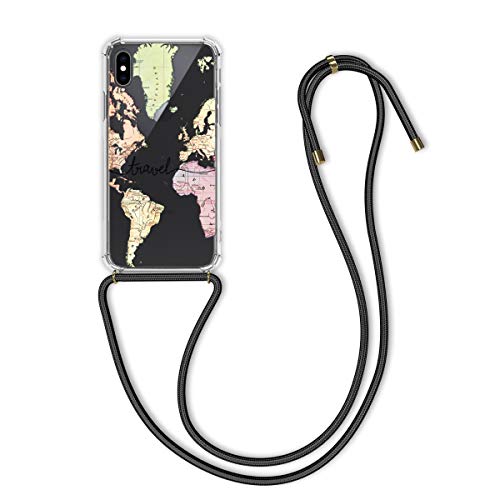 kwmobile Funda con Cuerda Compatible con Apple iPhone XS - Carcasa de TPU con Colgante Mapa Mundial Negro/Multicolor/Transparente