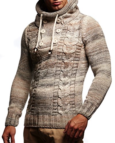Leif Nelson Los Hombres del Jersey de Punto suéter Encapuchado LN-20227 Beige Small