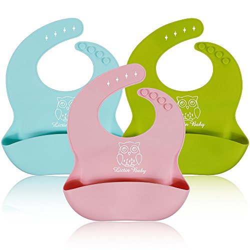 Lictin 3 Pack baberos suave de silicona impermeables para bebés pequeños (rosa/azul/verde de limón)