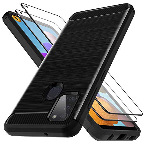 LK Compatible con Samsung Galaxy A21s Funda con 2 Pack Vidrio Templado Screen Protector Slim Fit Carcasa Protectora Cepillada TPU Suave Cover Case - Negro