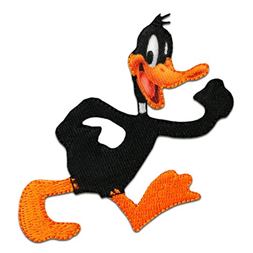 Looney Tunes Daffy Duck cómico niños – negro/naranja – 7x6,5cm - Parches termoadhesivos bordados aplique para ropa, tamaño: 7 x 6,5 cm