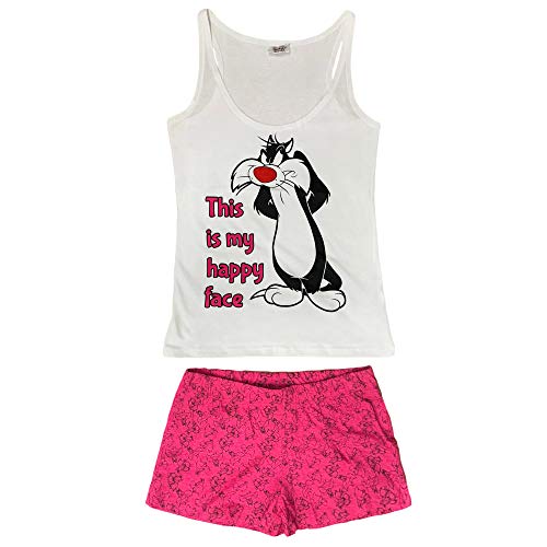 Looney Tunes Pijama corto para mujer con diseño de gato silvestro, camiseta y pantalones cortos de algodón 3234 blanco L
