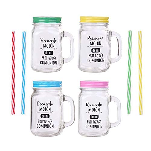 Lote de 25 Jarras Cristal Con Caña"RECUERDO MOLÓN" SURTIDO EN COLORES - Jarras con Frases, tazas originales para Detalles, recuerdos y regalos de Comuniones