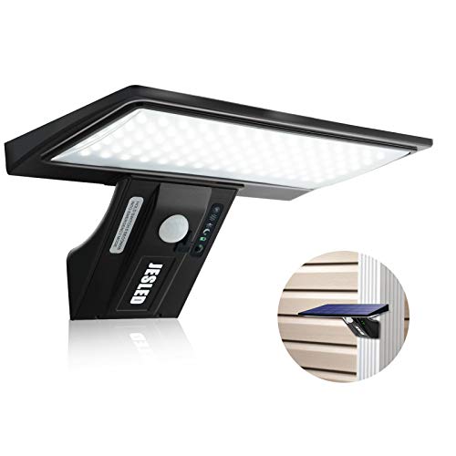 Luz Solar Exterior, JESLED 90 LED Carga solar y USB, Foco Solar Potente con Sensor de Movimiento,Impermeable con 4 Modos Inteligentes para Jardín, Patio, Camino, Escalera.