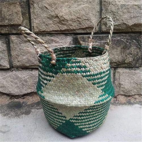 Mallalah Nordic Seagrass Straw Basket Cesta Trenzada Cesta de lavandería Cesta de Mimbre Plegable con macetas con Asas (Verde, Medium)