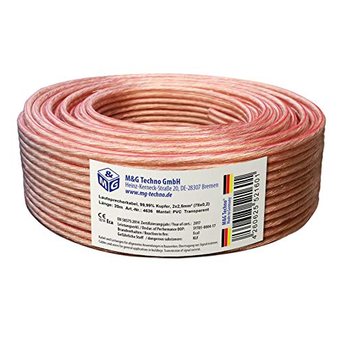 M&G Techno - Cable para Altavoz (20 m, 2 x 2,5 mm², Cobre auténtico, Redondo, con Marcado por Metro), Color Transparente M&G Techno - Cable para Altavoz (20 m, 2 x 2,5 mm², Cobre auténtico, Redondo, con Marcado por Metro), Color Transparente