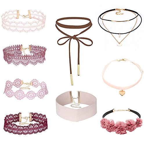 MingJun - Conjunto de 9 collares y gargantillas, rosa y rojo, collar gótico de cuero, flores multicapa, gargantilla con cadena dorada, para mujer y niña, estilo años 90