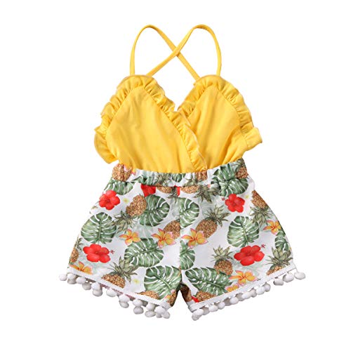 Mono para niña de verano de algodón sin mangas con cordones, vestido de niña, pantalones cortos, estampado floral, ropa de vacaciones, 0 – 3 años amarillo 3-6 Meses